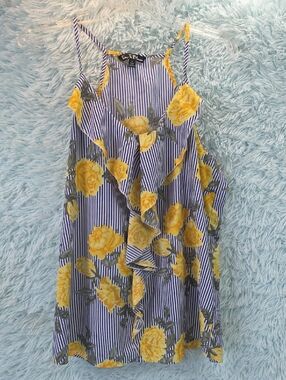 Time To Bloom Yellow Rose‎ Pinstripe Ruffle Halter Tank Top Blouse Large